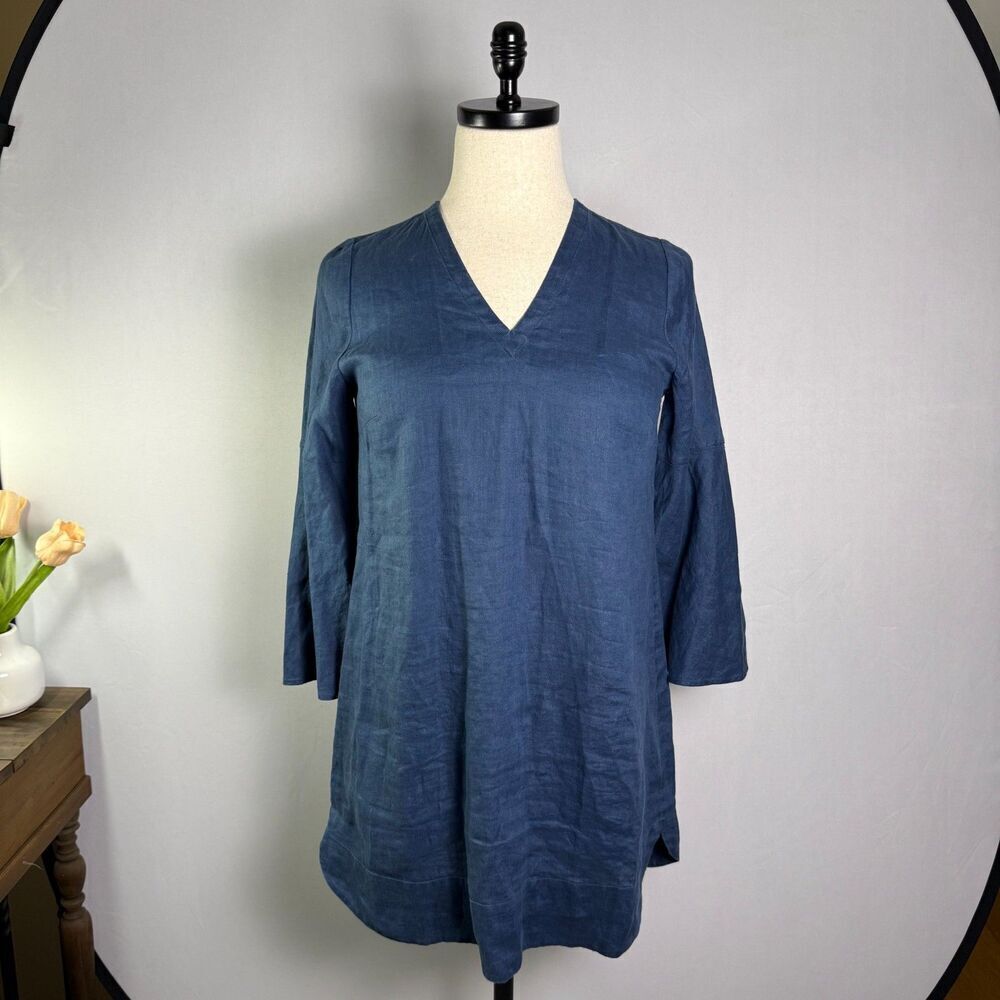 Soft Surroundings Women's Blue V-Neck Bell Sleeve Linen Dress Sz Pet Med